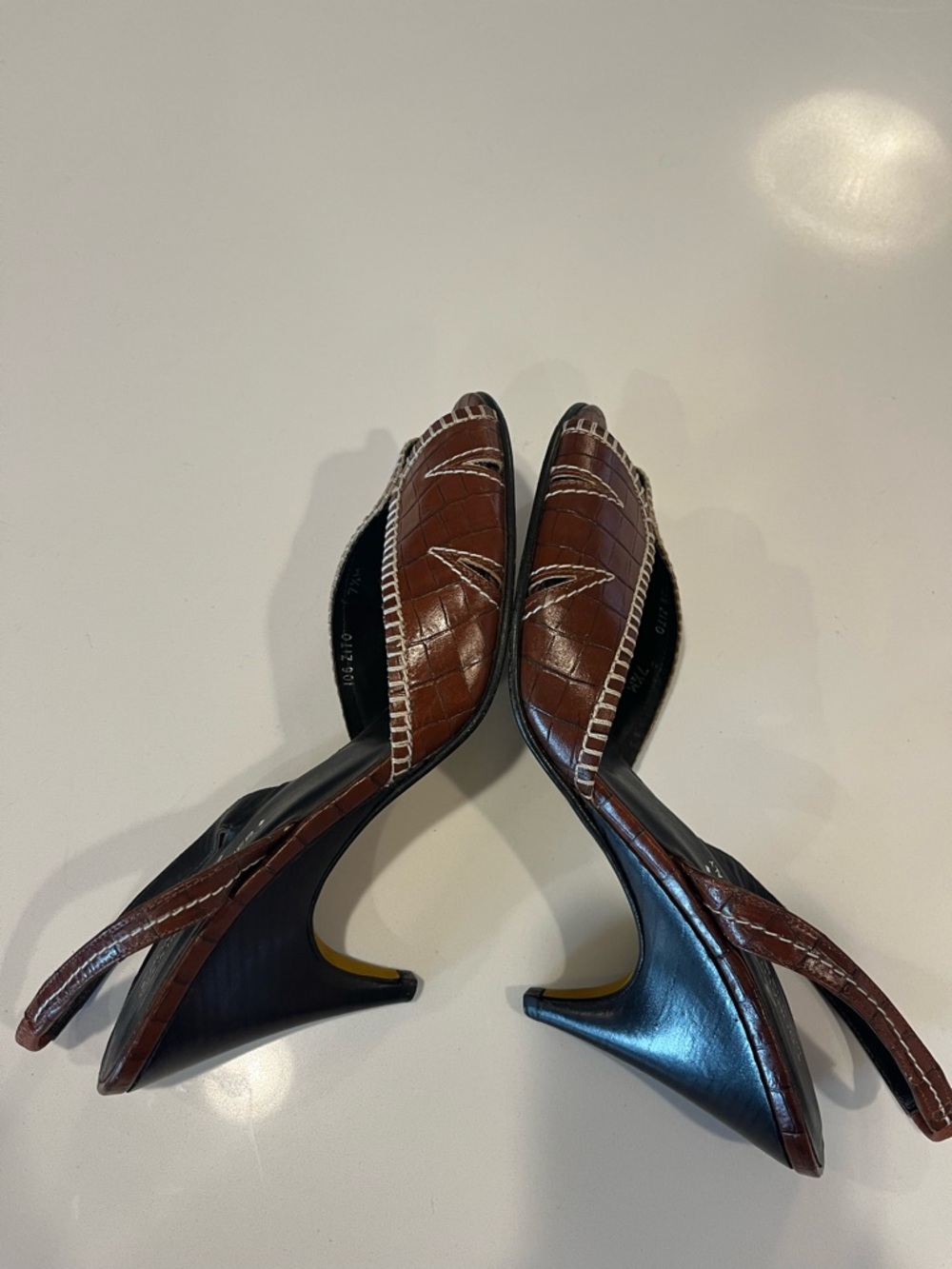Like New COUTURE Vintage Donald J. Pliner Brown Leather Peep-Toe Slingback Heels - Picture 7 of 15